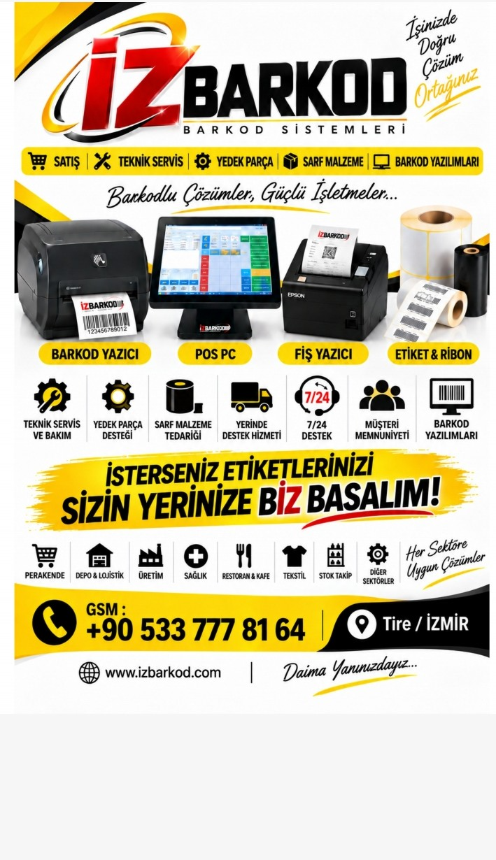 İZ Barkod ürünleri, barkod yazıcılar, POS sistemleri, fiş yazıcıları ve hizmetlerini gösteren tanıtım afişi